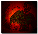 Woodcut of Pete and banjo - red tone